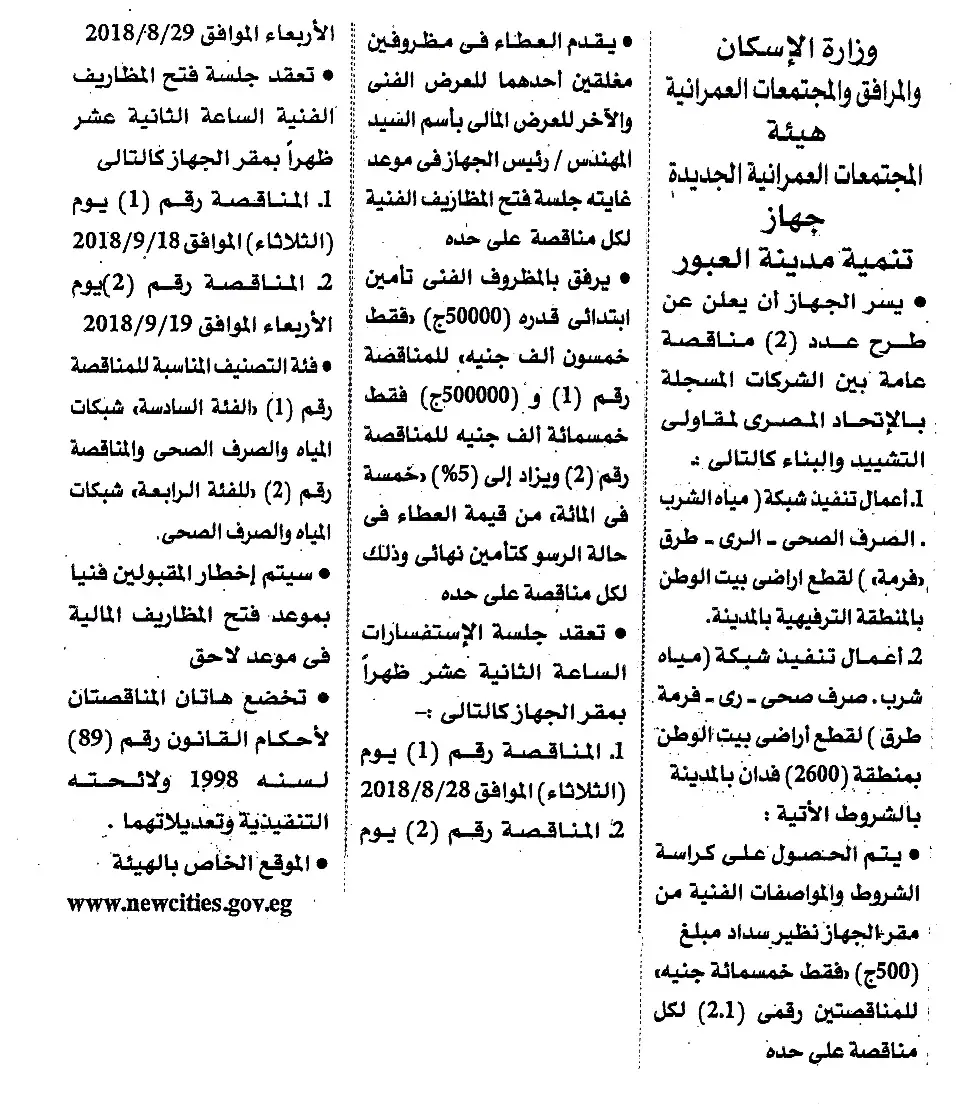 طرح عدد 2 مناقصة عامة بمدينة العبور - 15000 عقار